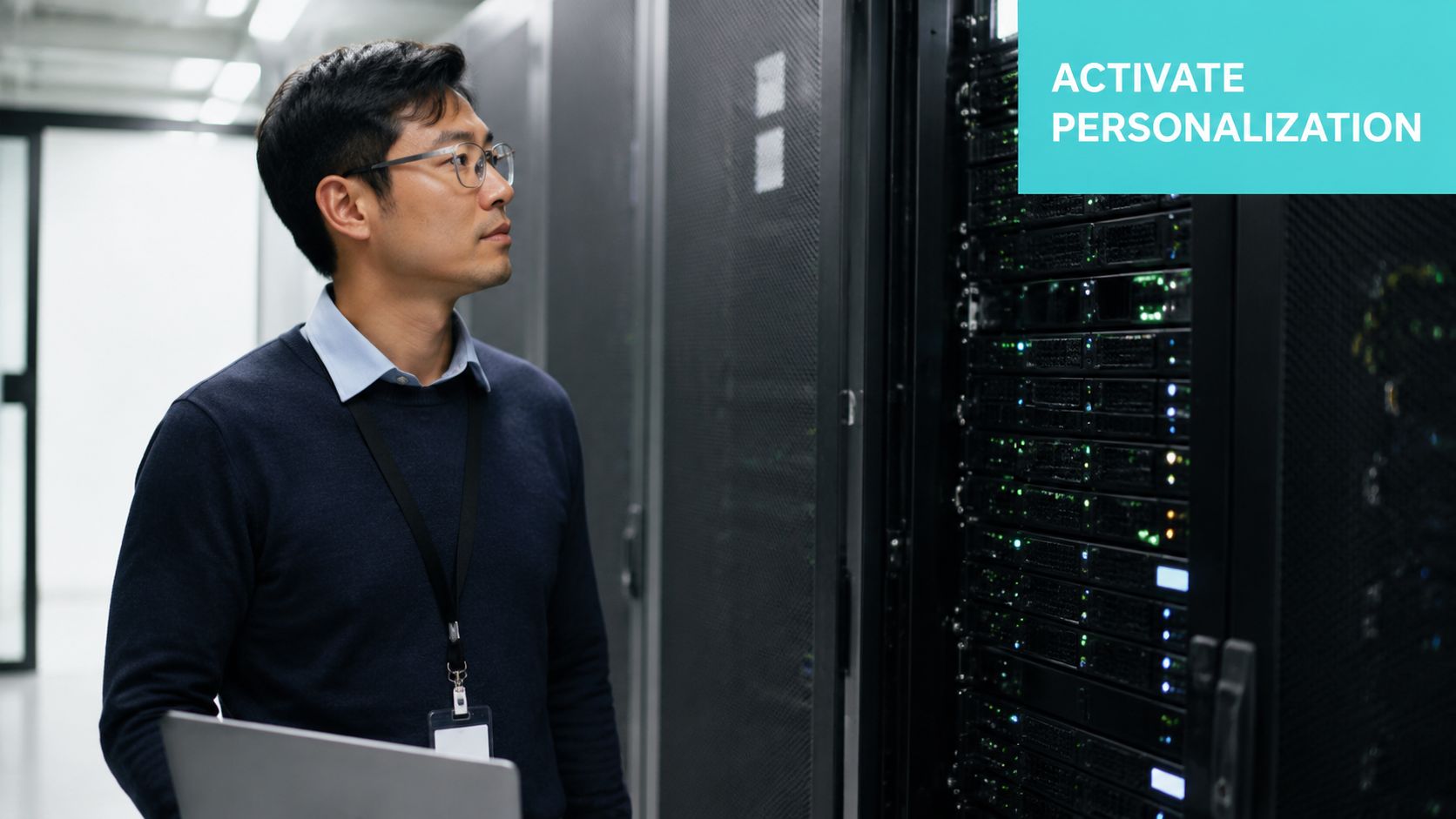 A professional IT technician inspecting server equipment in a data center with a laptop in hand.