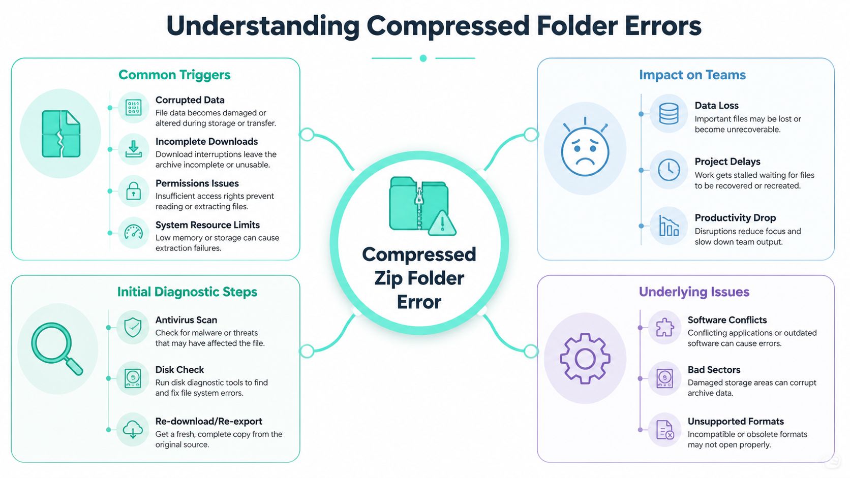 An infographic showing common causes, diagnostic steps, impacts, and underlying issues of compressed zip folder errors.
