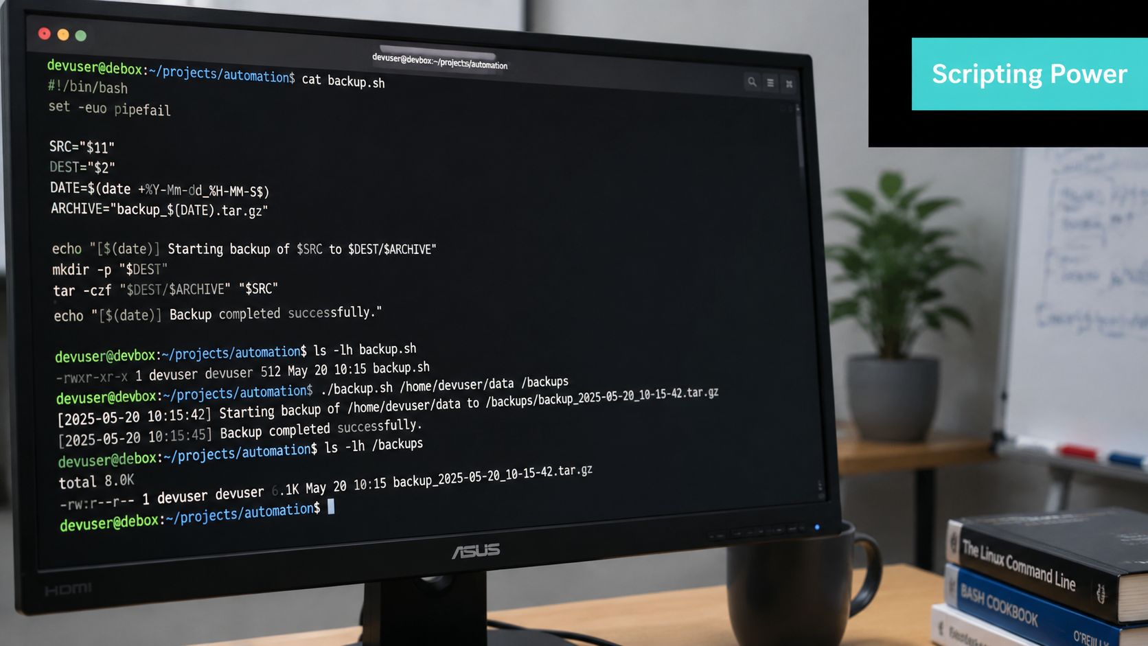 A computer monitor displaying bash script code for file backup automation in a professional office setting.