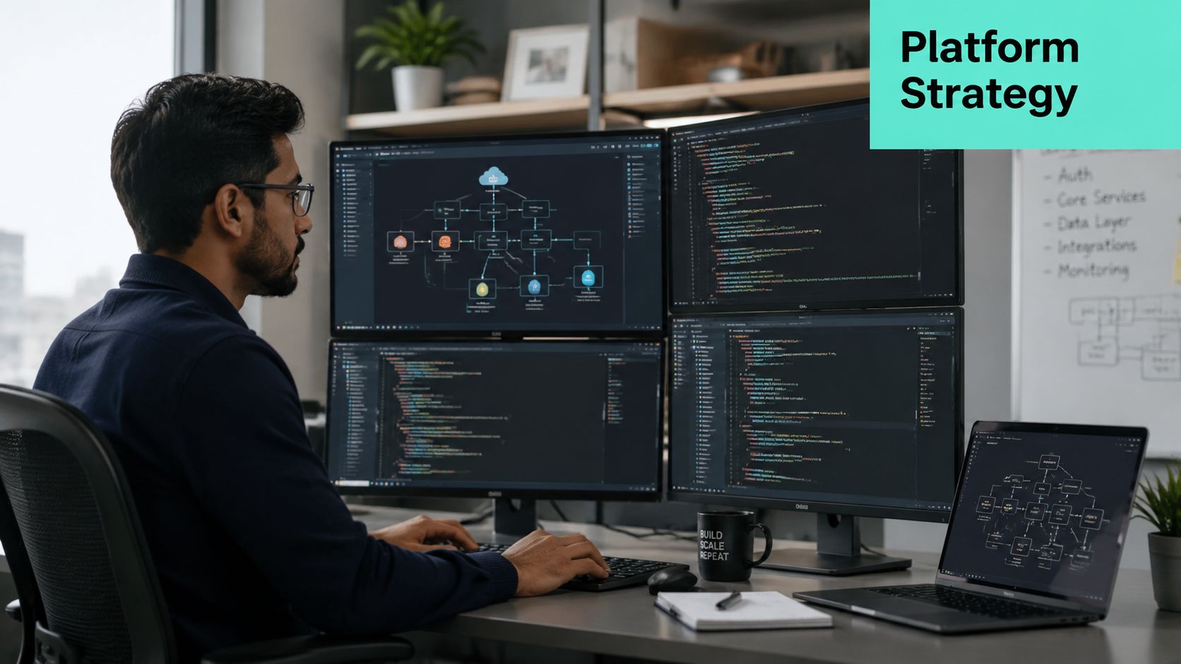 A male software developer working on complex cloud architecture and coding on multiple screens in a modern office.