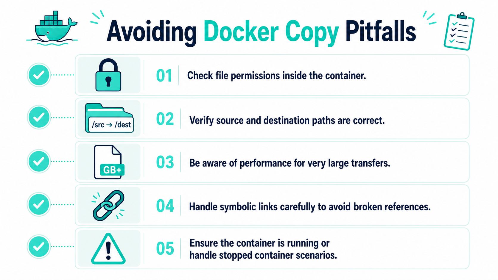 A checklist infographic titled Avoiding Docker Copy Pitfalls, detailing five key tips for transferring files with Docker.