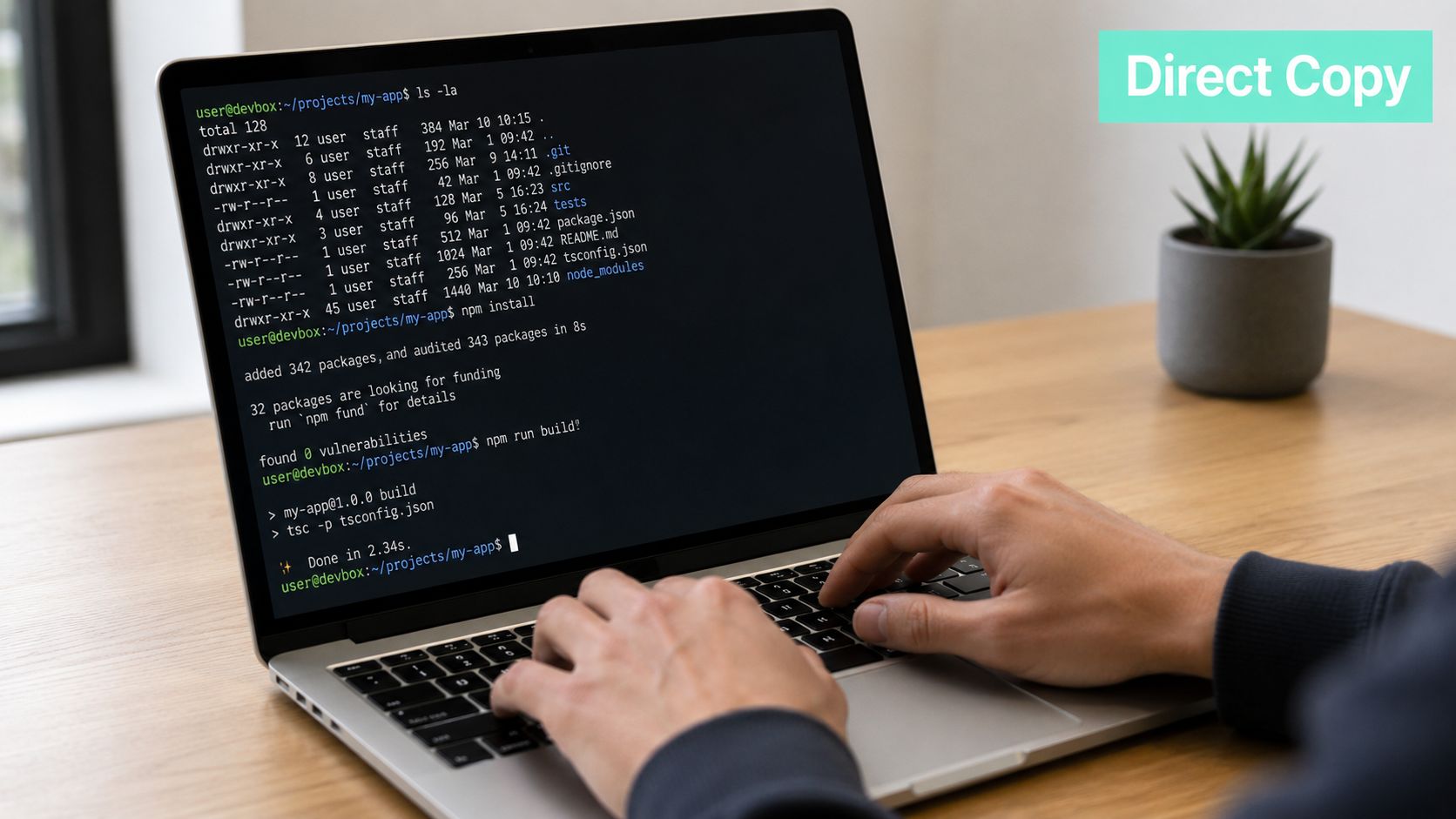 A person using a laptop terminal to run npm commands in a software development project folder.