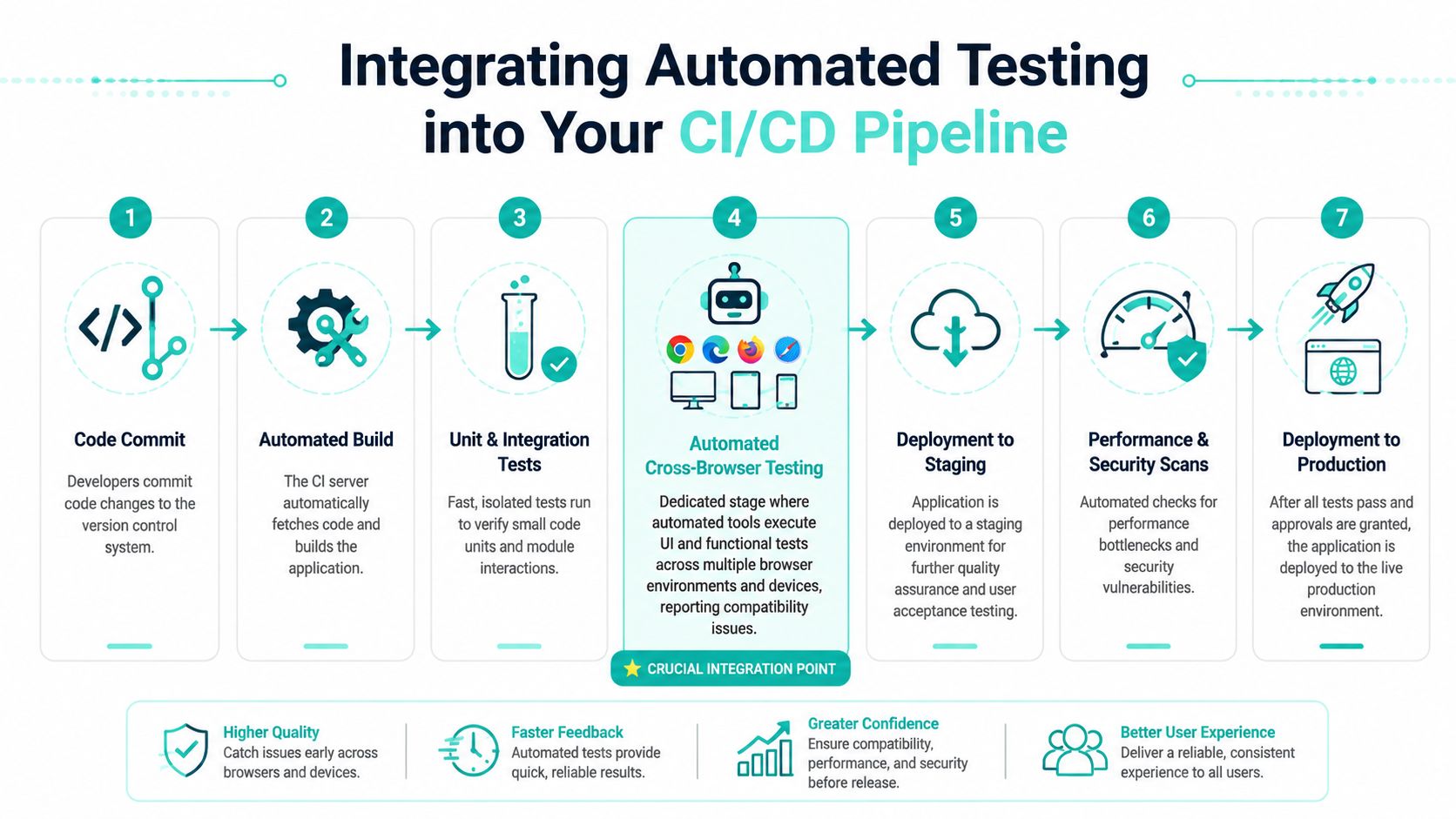 A diagram illustrating the seven stages of integrating automated testing into a CI/CD software development pipeline.