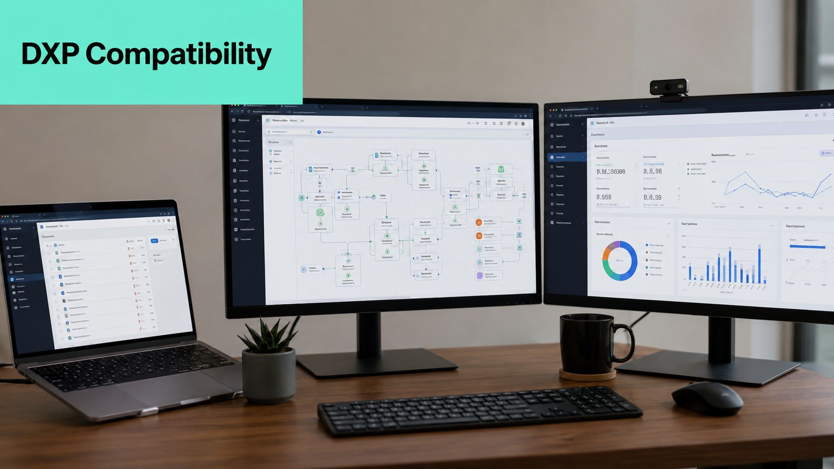 A workspace featuring a laptop and two monitors displaying complex business data dashboards and software architecture flowcharts.