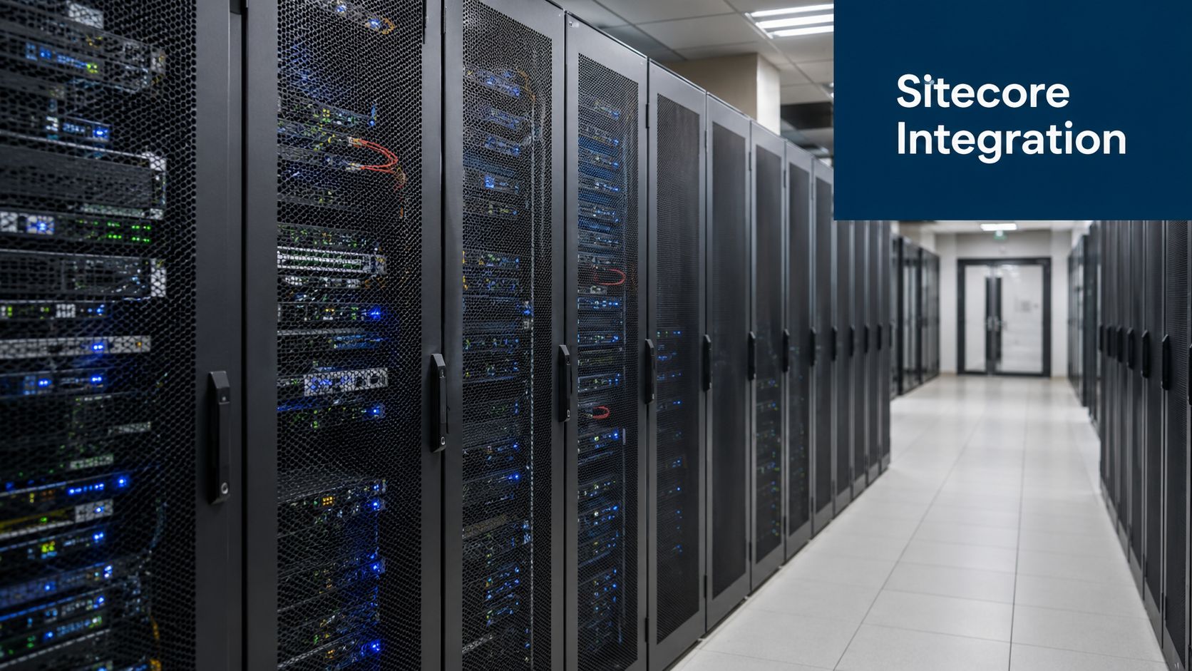 A long aisle in a modern data center with rows of server cabinets and flashing status lights.