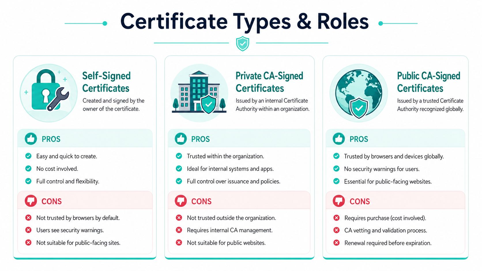 An infographic illustrating the pros and cons of self-signed, private, and public CA-signed SSL certificate types.