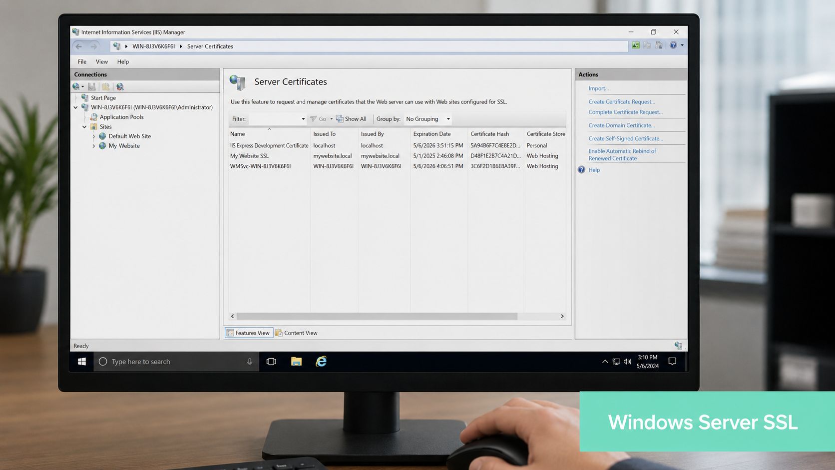 A computer screen displaying the Internet Information Services IIS Manager showing installed SSL server certificates for Windows.