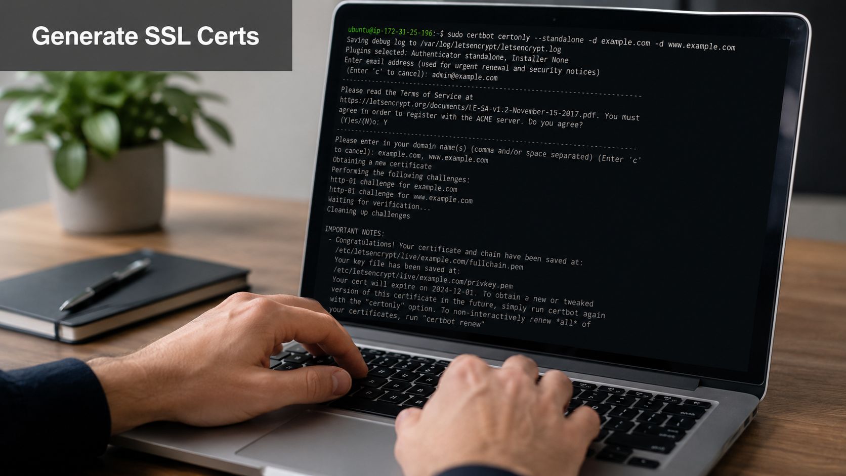 A person typing on a laptop displaying terminal commands for generating SSL certificates for a website.