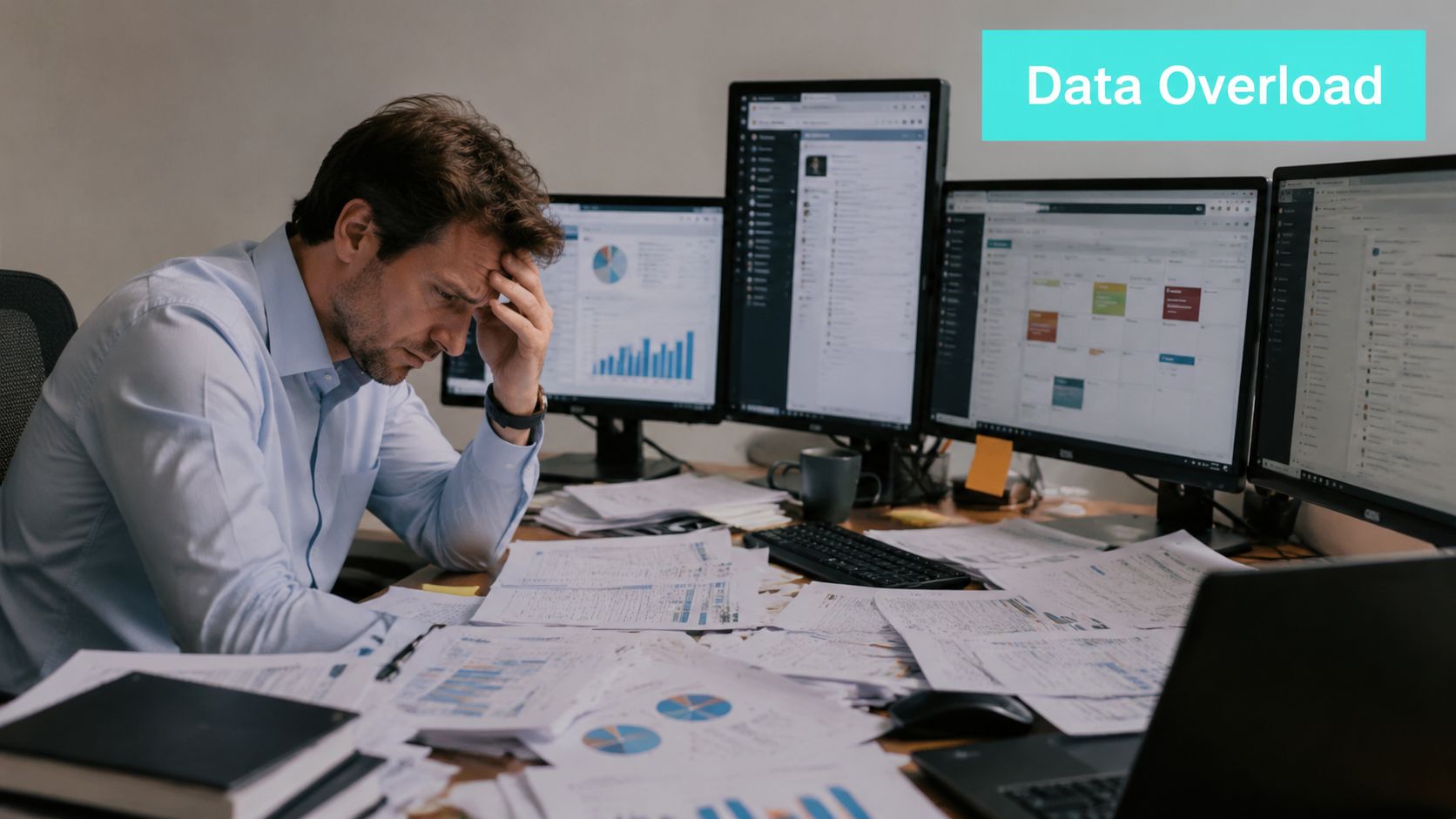 A stressed businessman sits at a cluttered desk overwhelmed by digital data and paper documents.