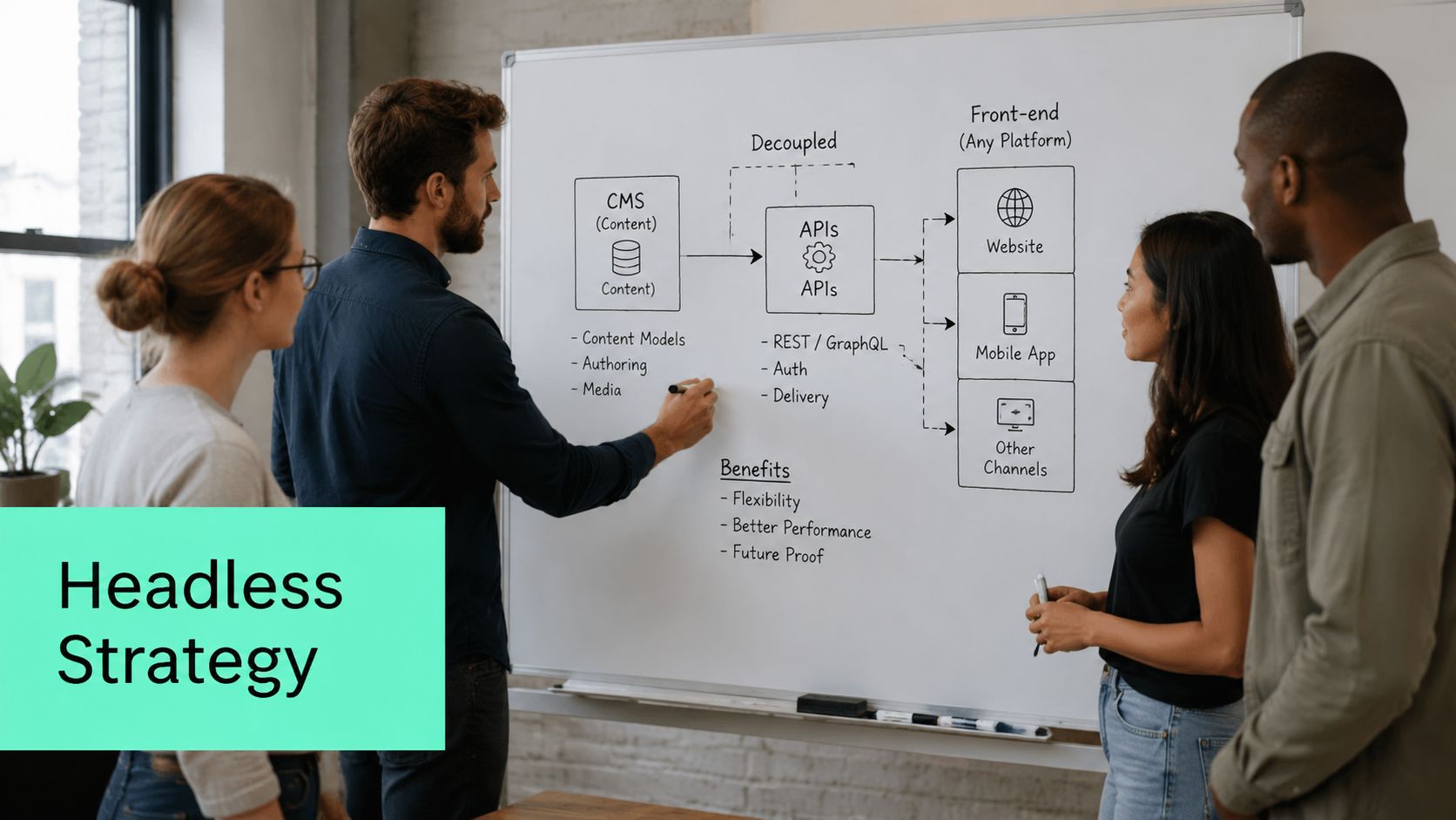 A professional team discussing a headless CMS architecture strategy on a whiteboard during an office meeting.