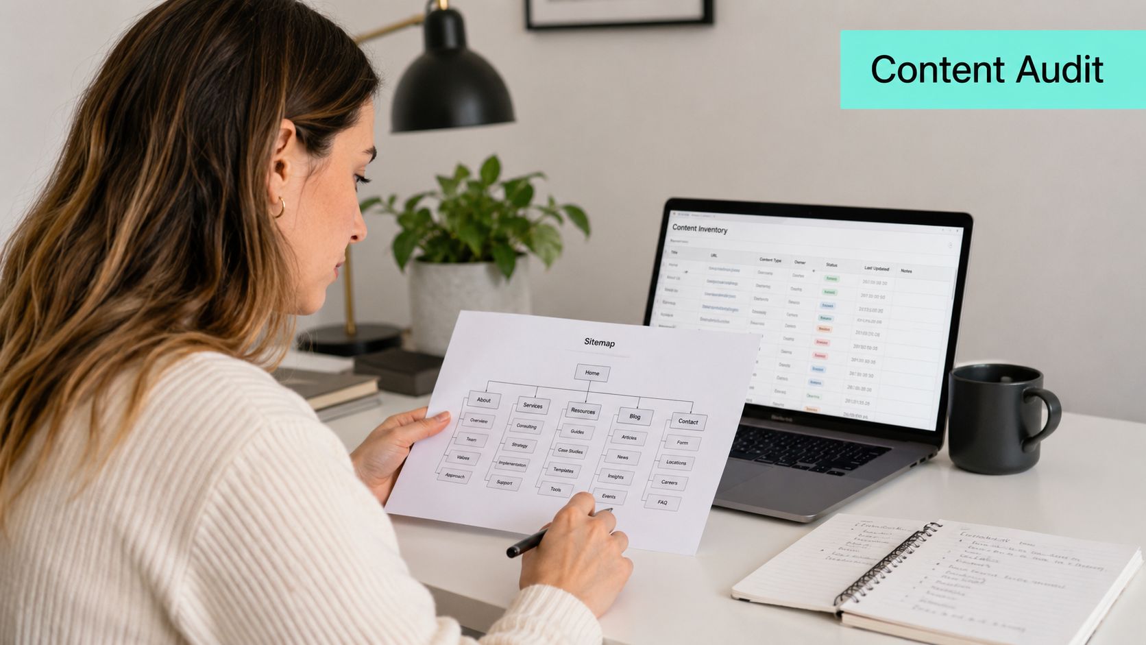 A professional working at a desk reviewing a website sitemap document and a digital content inventory.