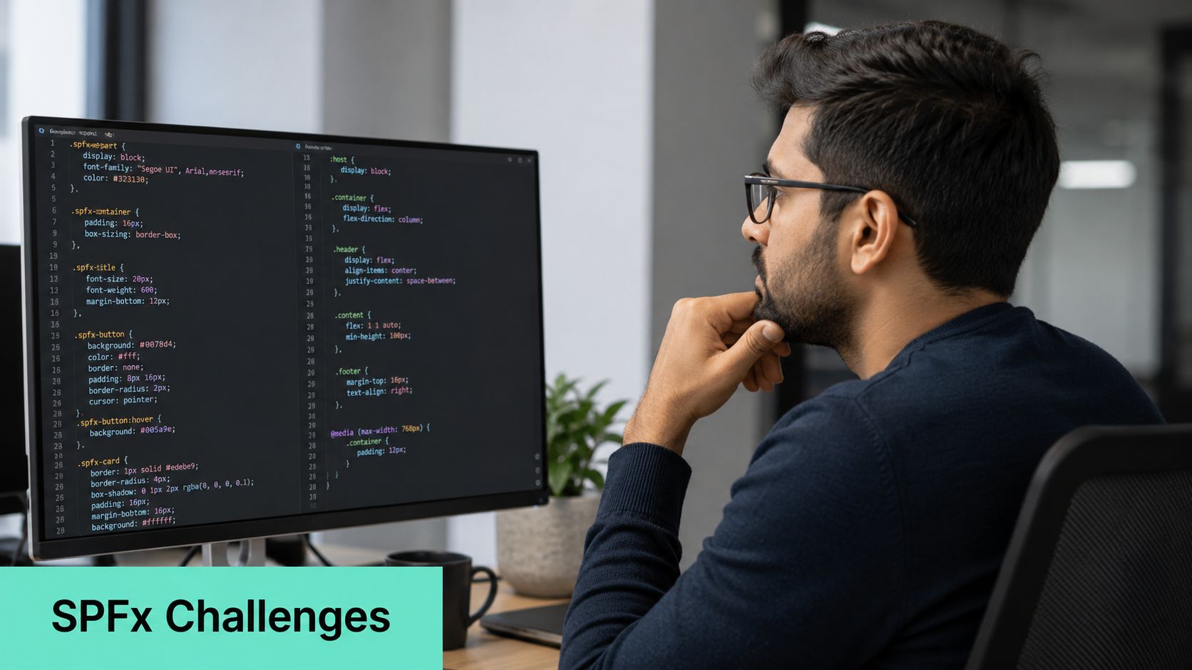A male software developer observing computer code on a large monitor in a professional office setting.