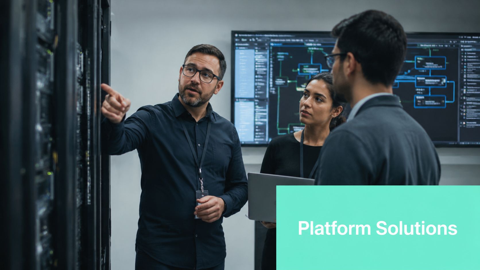 A diverse IT team discussing server operations in a modern data center with monitoring screens in background.