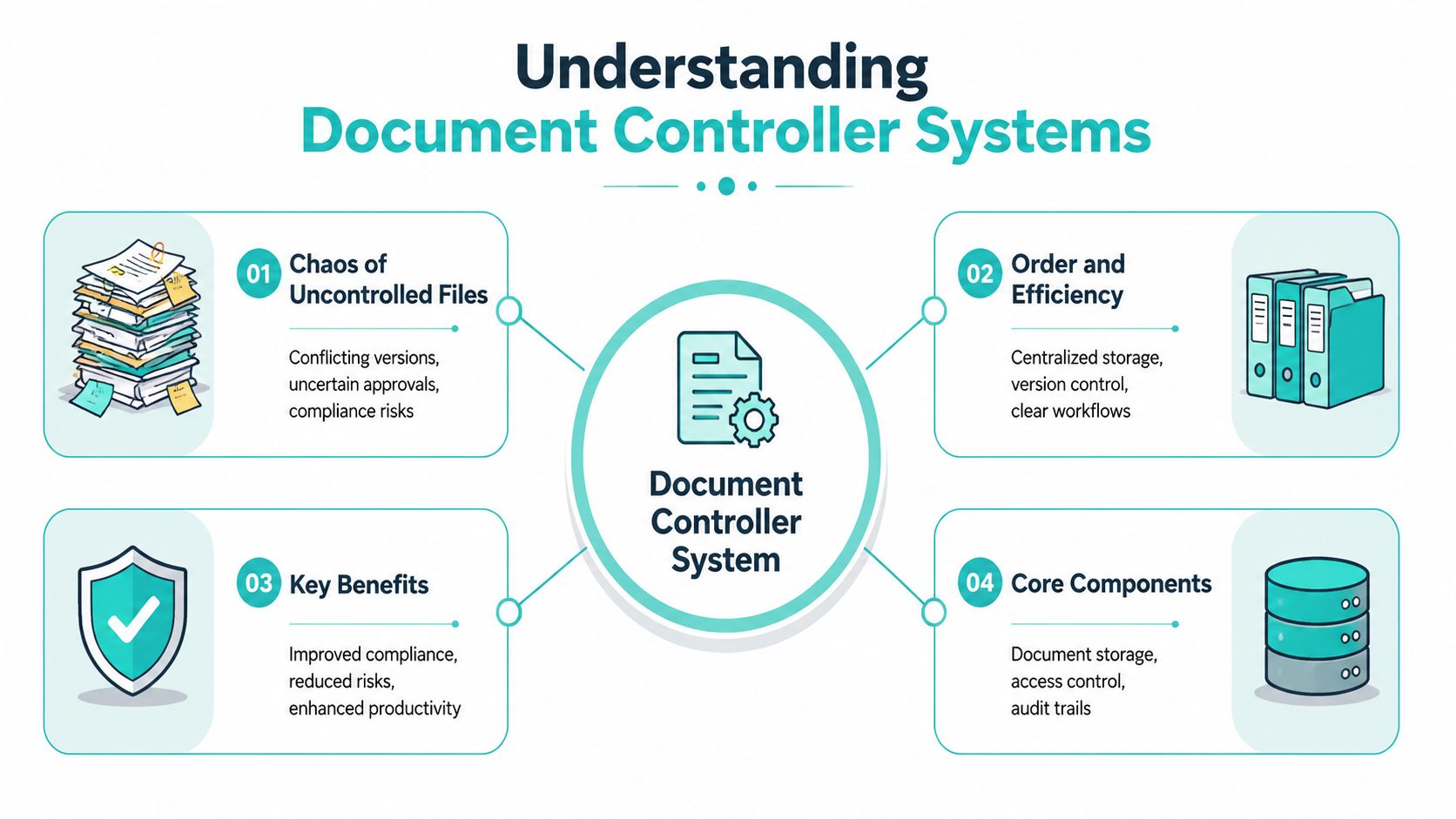 An infographic titled Understanding Document Controller Systems showing the benefits and core components of document management.