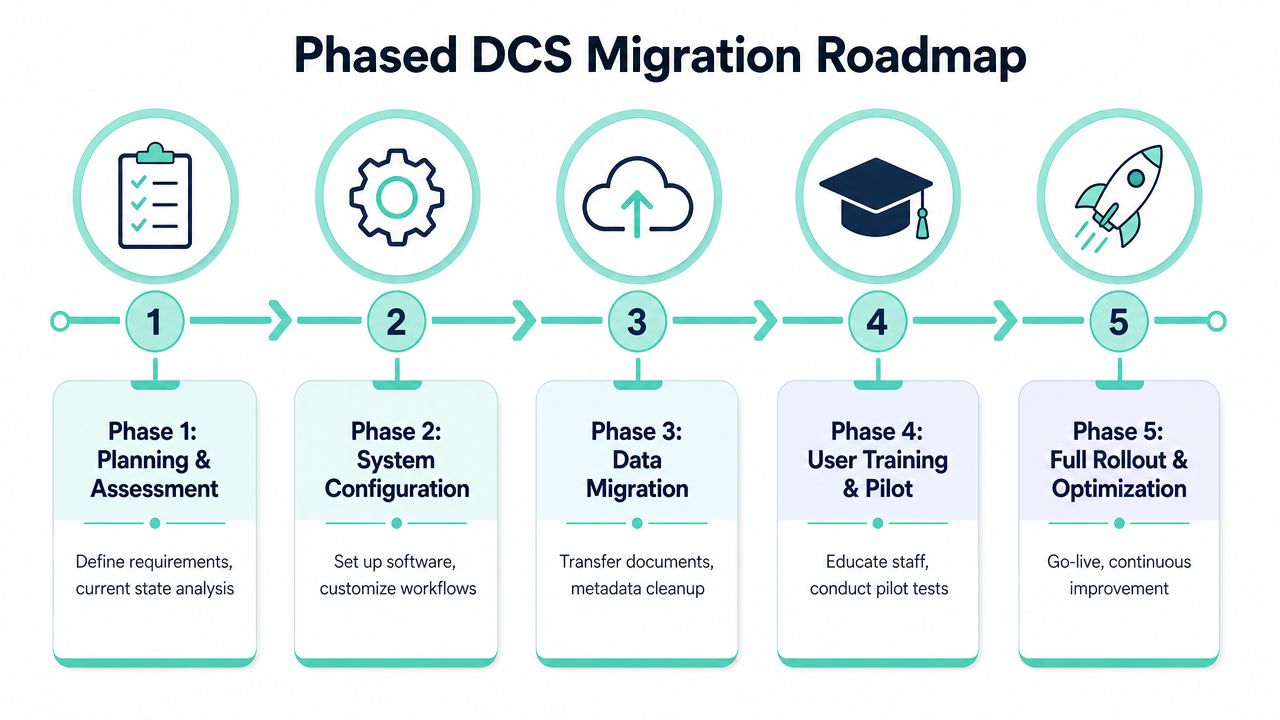 A five-step roadmap illustrating the phased migration process for a Document Controller System.