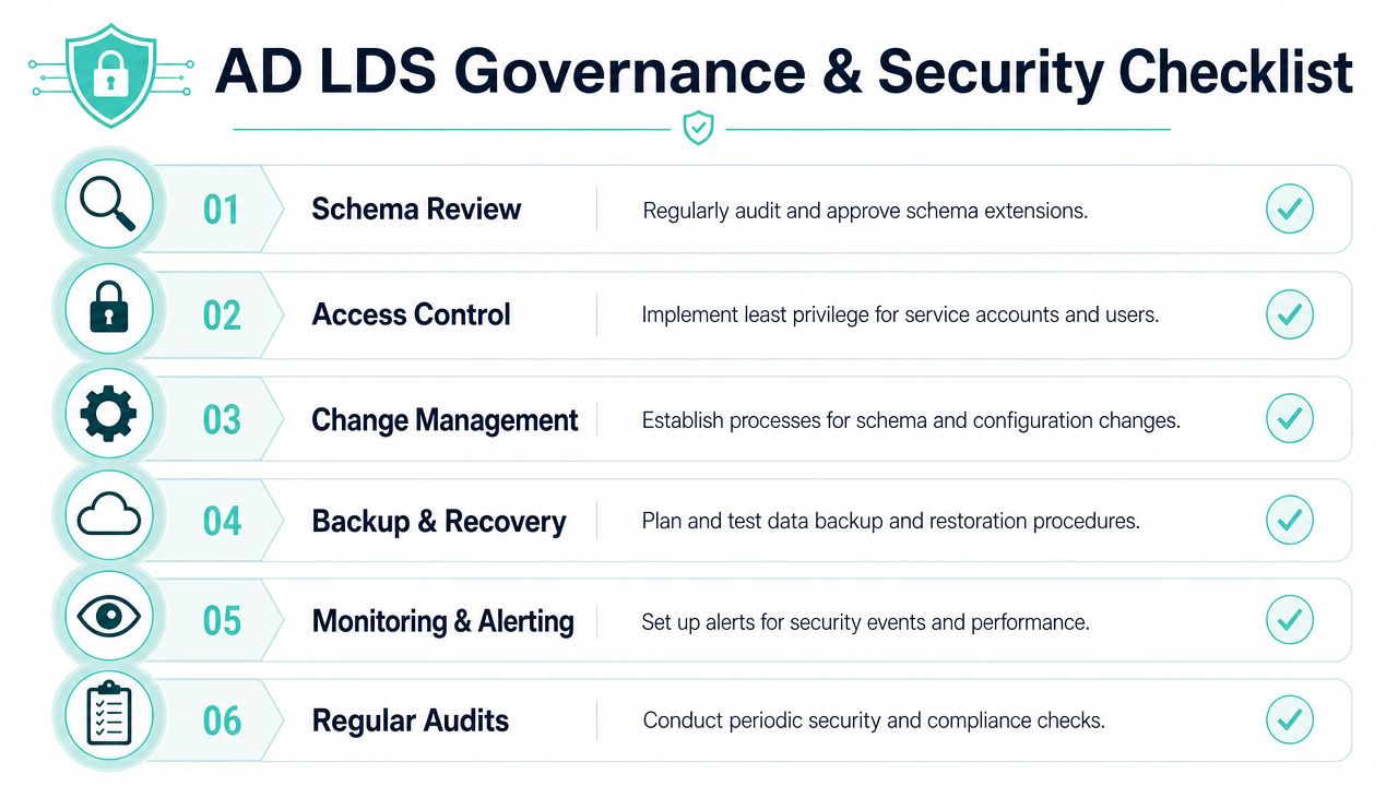 A professional checklist outlining six key governance and security practices for Active Directory Lightweight Directory Services.