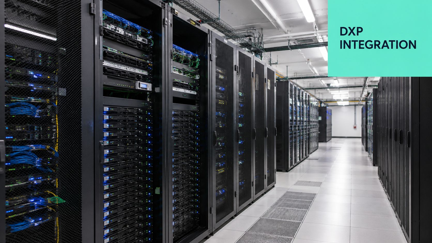 A wide view of a modern data center with rows of server racks and blinking lights.