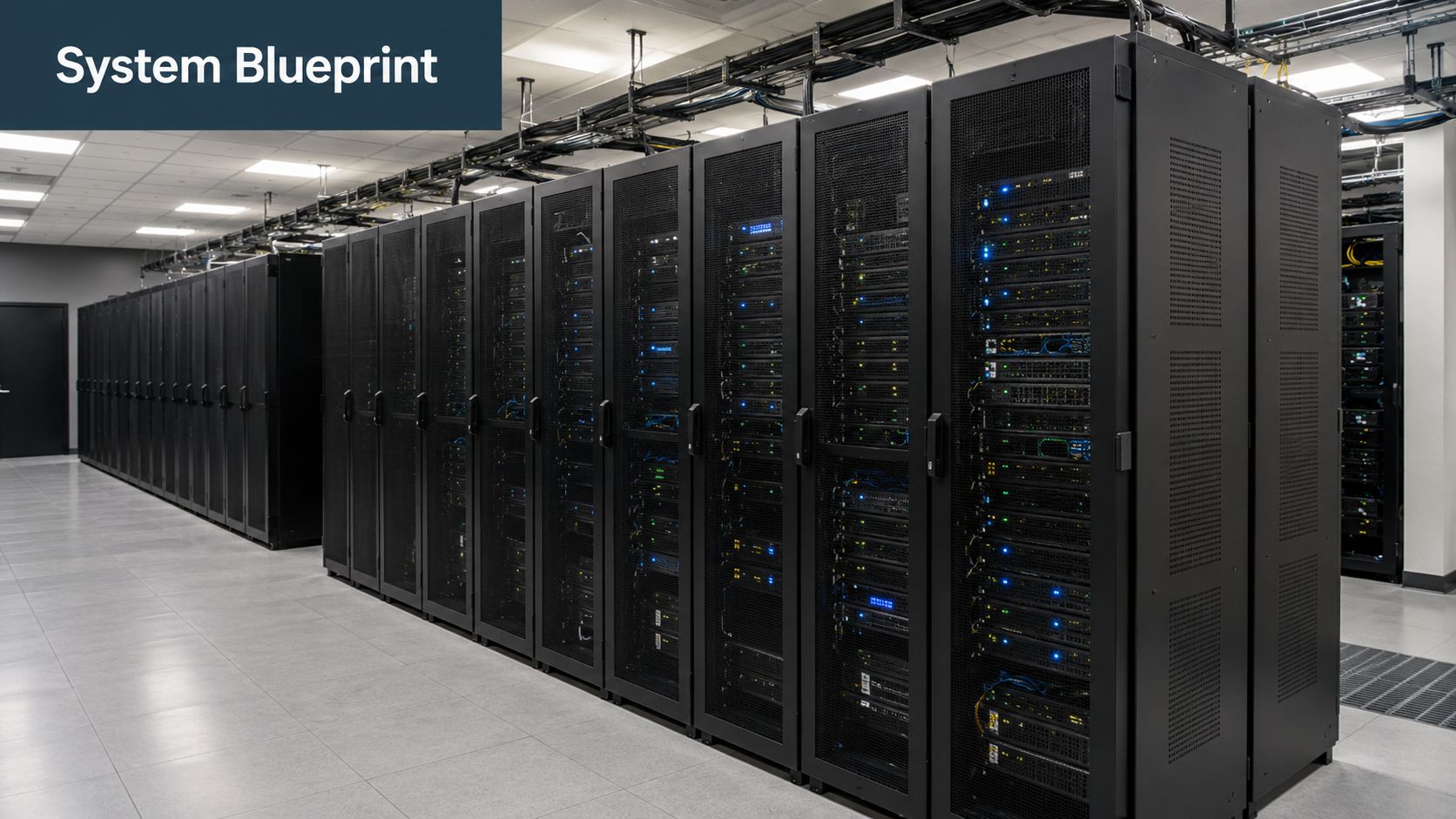 A long row of black server racks in a modern data center with organized networking cables.