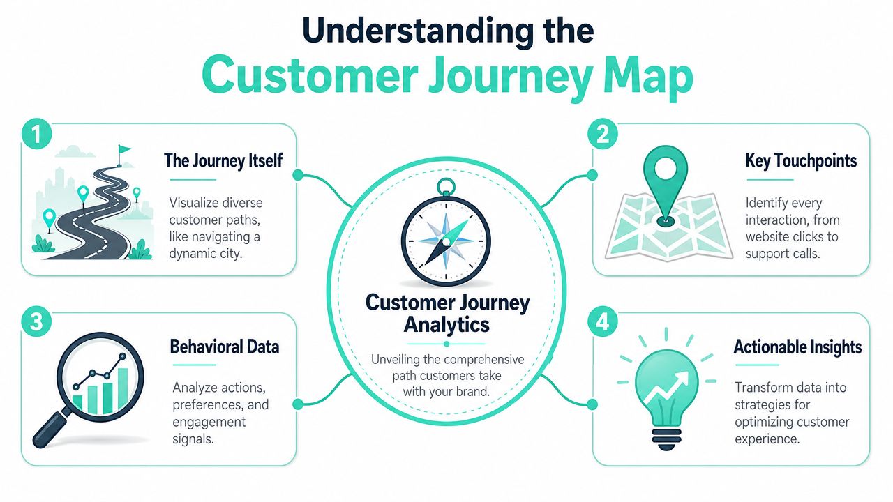 An infographic titled Understanding the Customer Journey Map highlighting four key stages of customer journey analytics.
