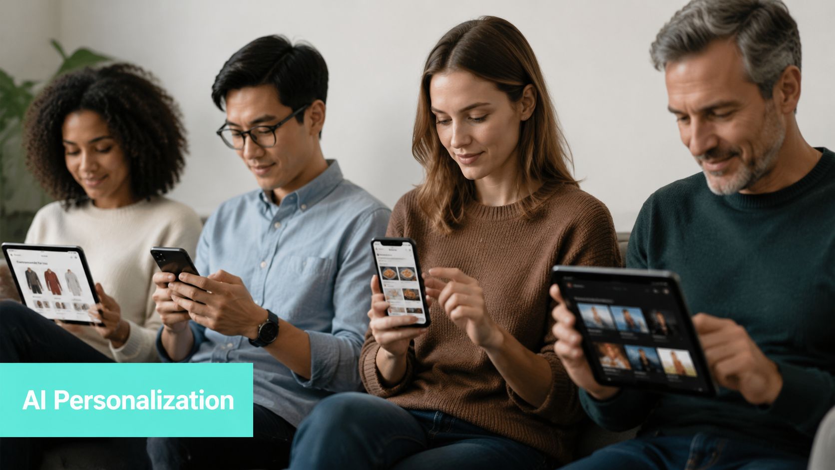 A diverse group of four people sitting together while using their smartphones and tablets for digital content.