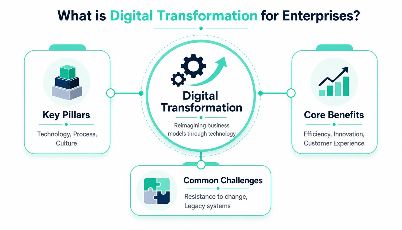 An infographic showing the definition, pillars, core benefits, and common challenges of digital transformation for enterprises.