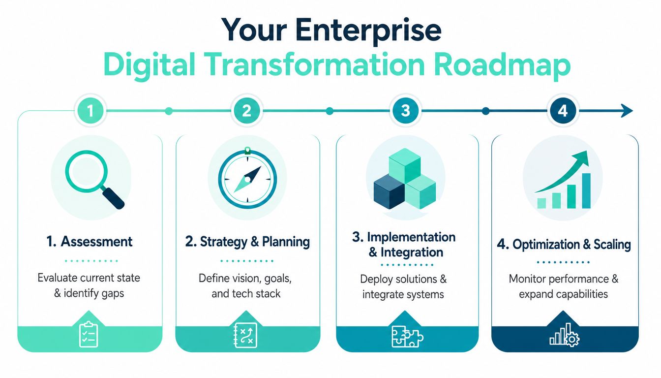 A four-step infographic illustrating an enterprise digital transformation roadmap from assessment to optimization.