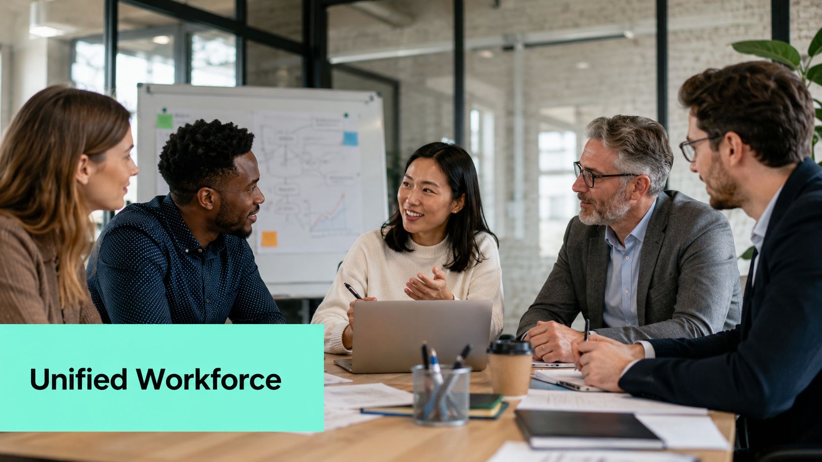 A diverse group of business professionals collaborating around a table during a meeting in a modern office.