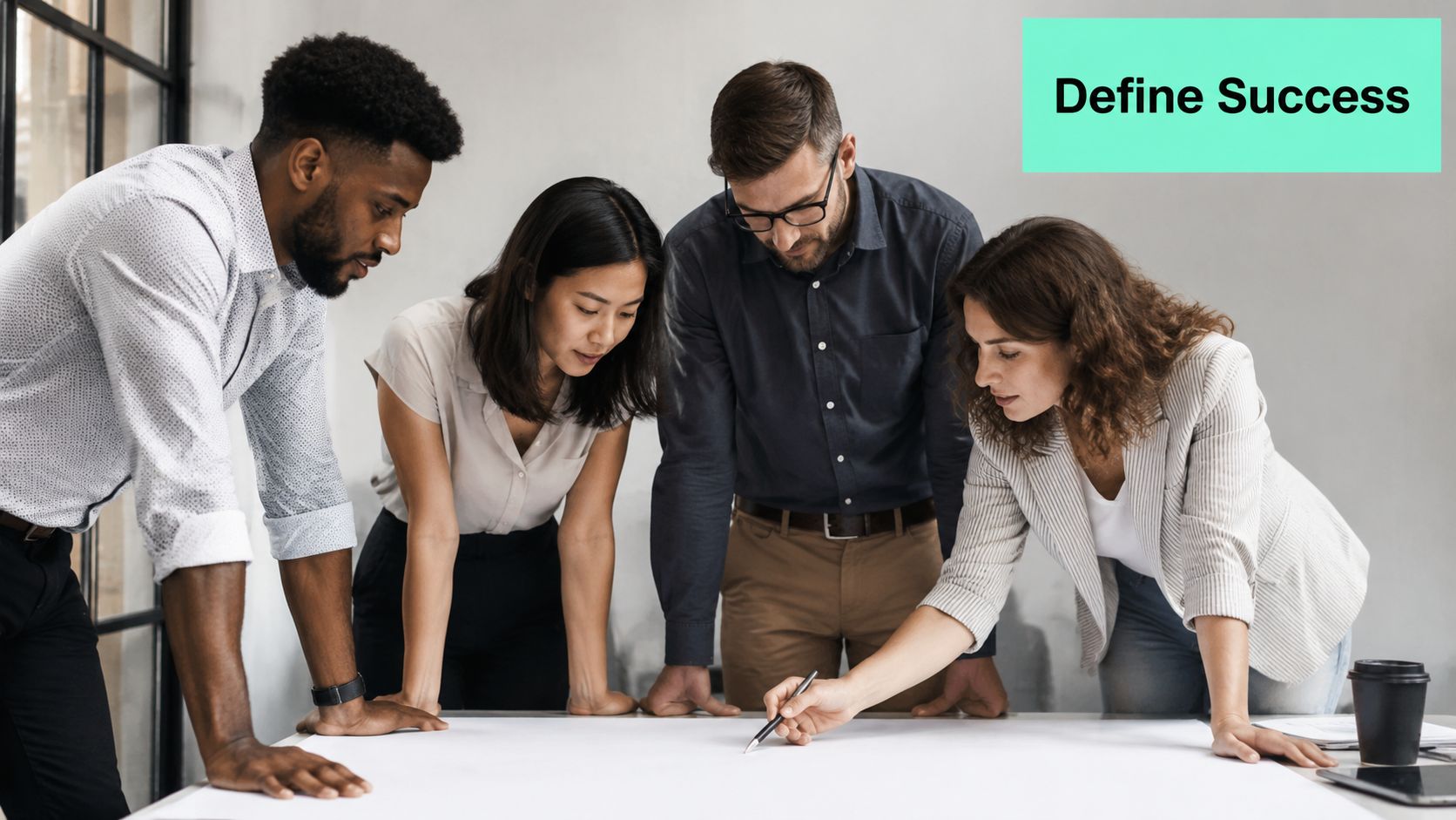 A diverse group of professional colleagues collaborating on a project plan at a table in an office.