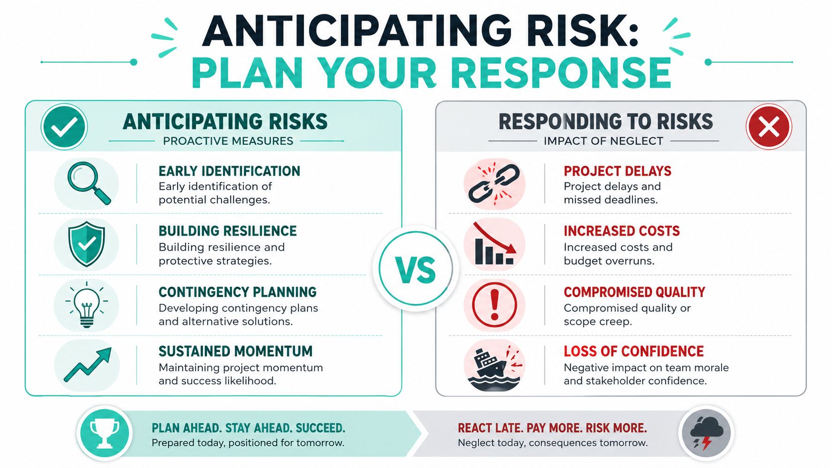 A comparison infographic showing proactive risk anticipation versus reactive risk management and the negative impact of neglect.