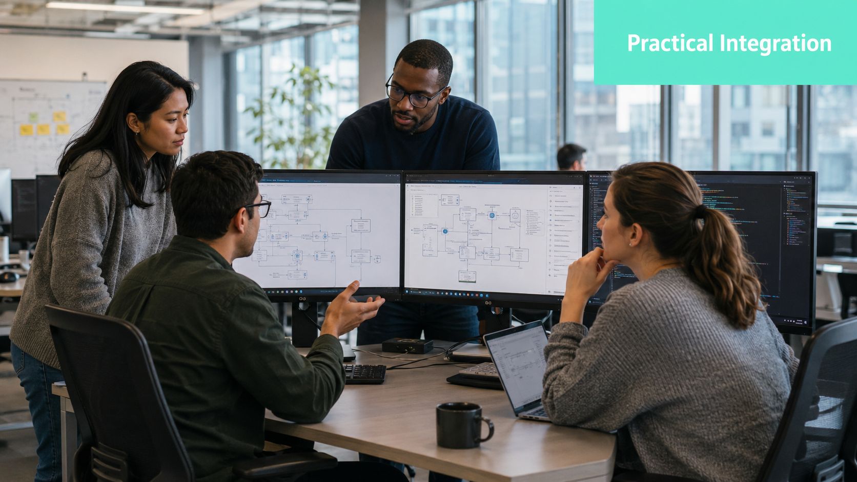 A diverse team of professionals collaborate on software architecture diagrams displayed on multiple large computer monitors.