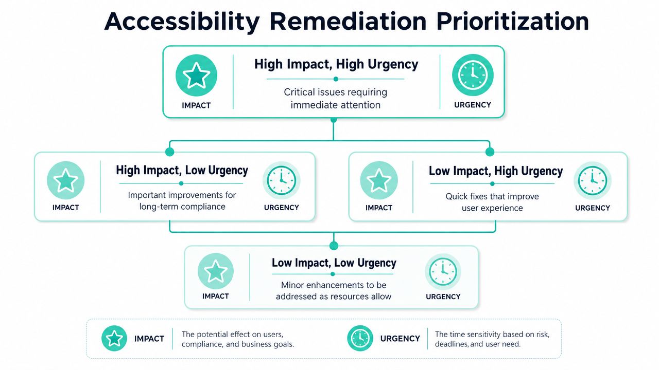 A diagram illustrating a four-quadrant matrix for prioritizing accessibility remediation based on impact and urgency.