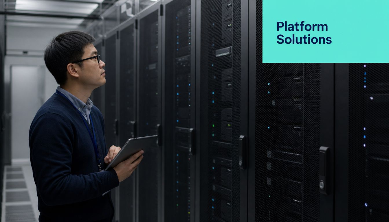 An IT technician in a data center examining server hardware using a tablet for digital monitoring.