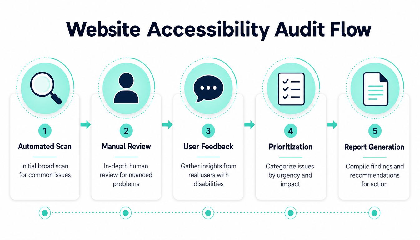 A five-step process diagram illustrating the flow for conducting a professional website accessibility audit and remediation.