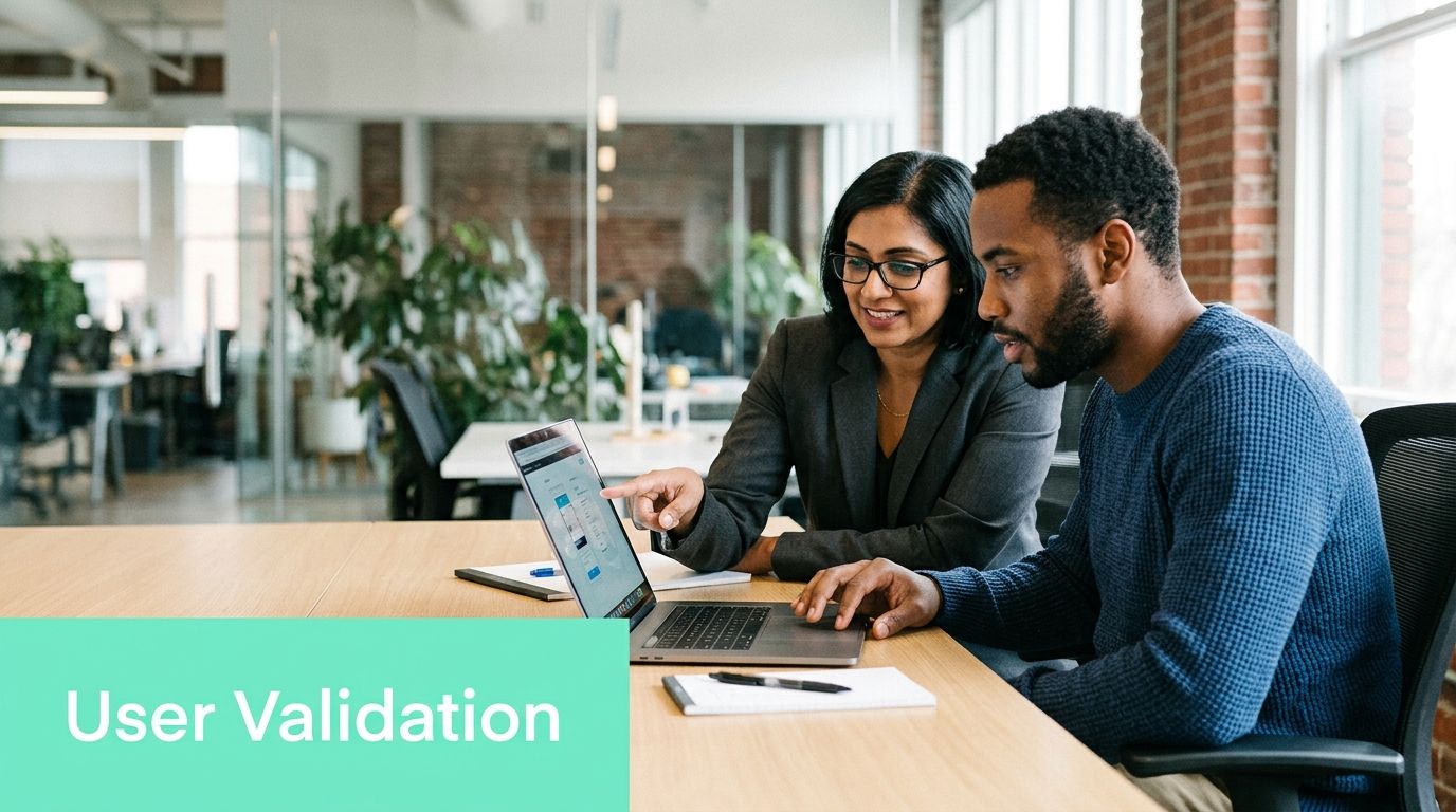 A professional woman and man collaborating on a laptop screen to discuss website accessibility and design.
