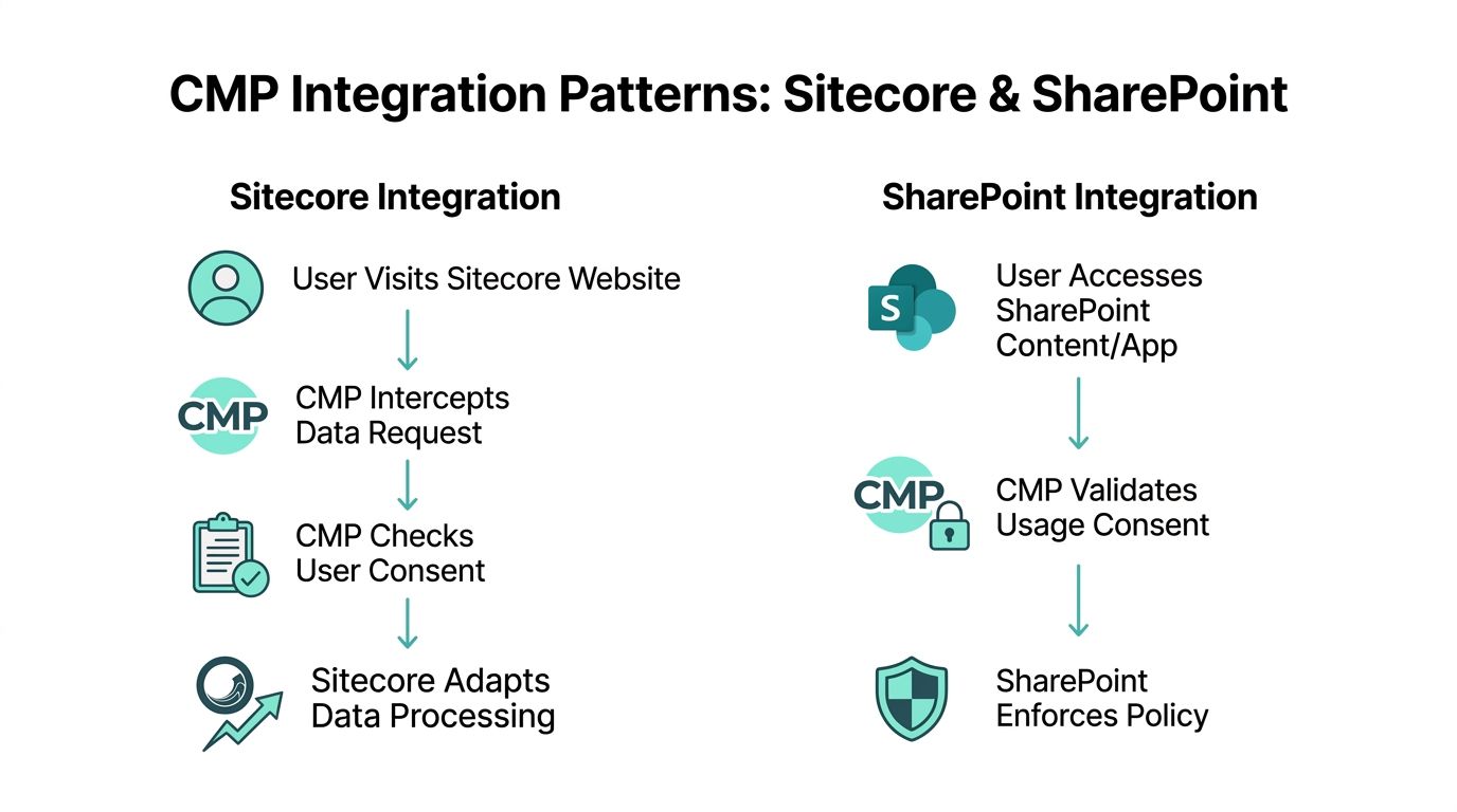 A diagram comparing CMP integration patterns for Sitecore websites and SharePoint content platforms to ensure user privacy.