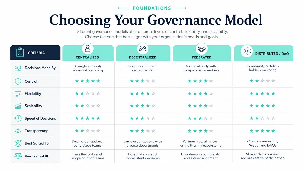 A comparison table outlining the key differences between centralized, decentralized, federated, and distributed governance models.