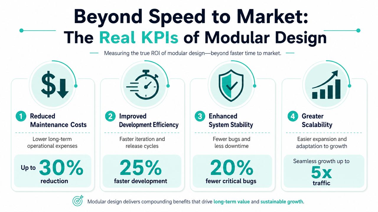 An infographic highlighting the four key performance indicators of modular design including costs, efficiency, stability, and scalability.