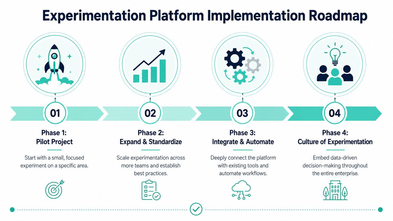 A four-phase roadmap diagram for implementing an enterprise experimentation platform from pilot to cultural integration.