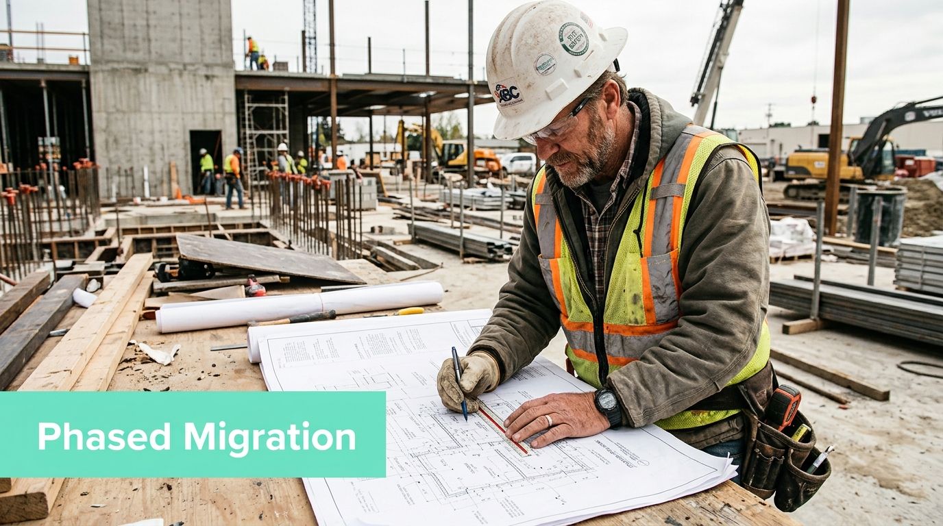 A construction site foreman wearing a hard hat and safety vest reviews technical blueprints for a building project.