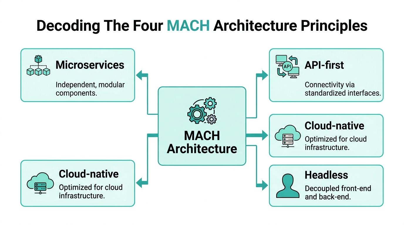 A diagram illustrating the four MACH architecture principles: microservices, API-first, cloud-native, and headless software design.