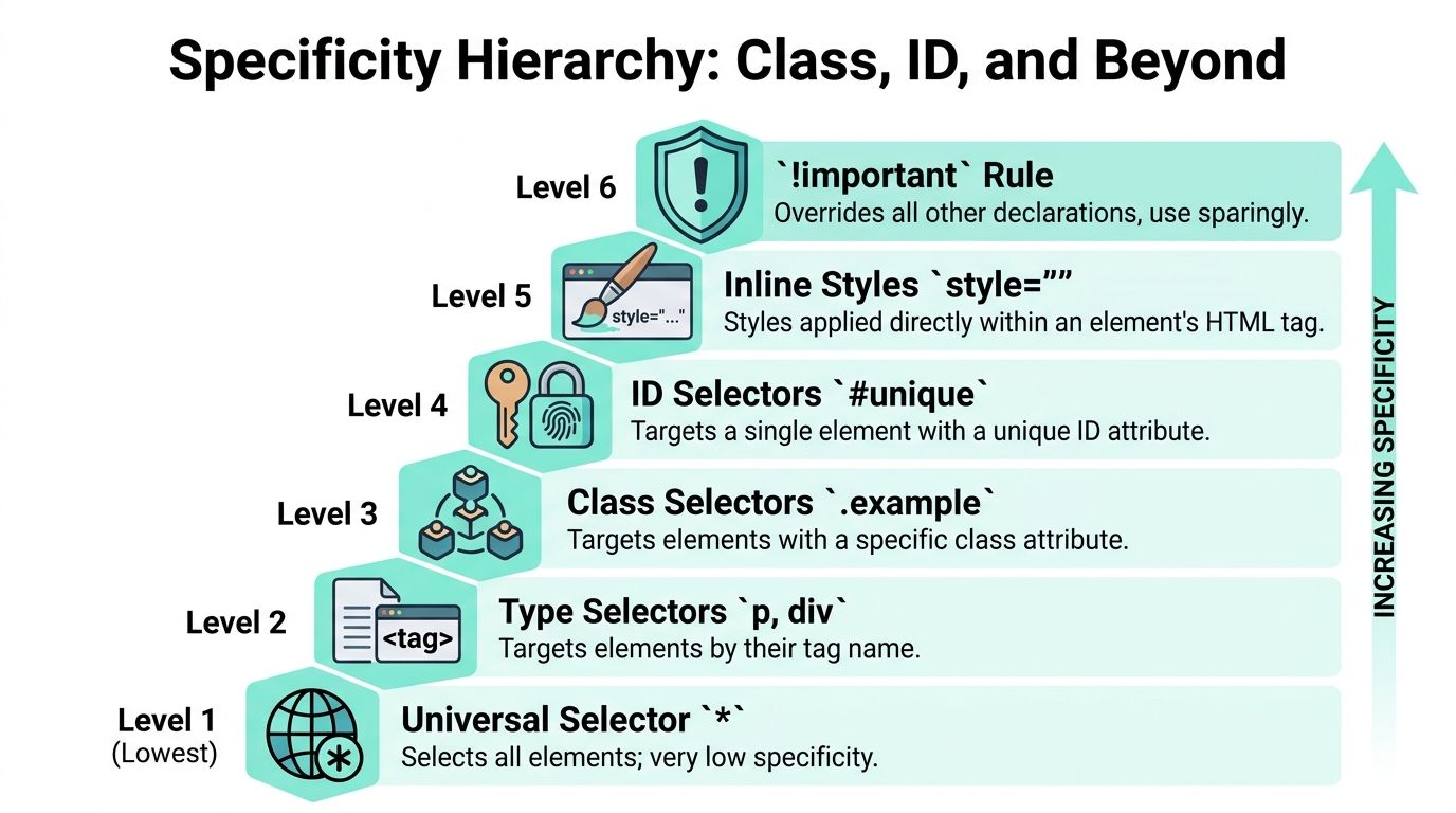 A diagram illustrating the CSS specificity hierarchy from the universal selector up to the important rule.