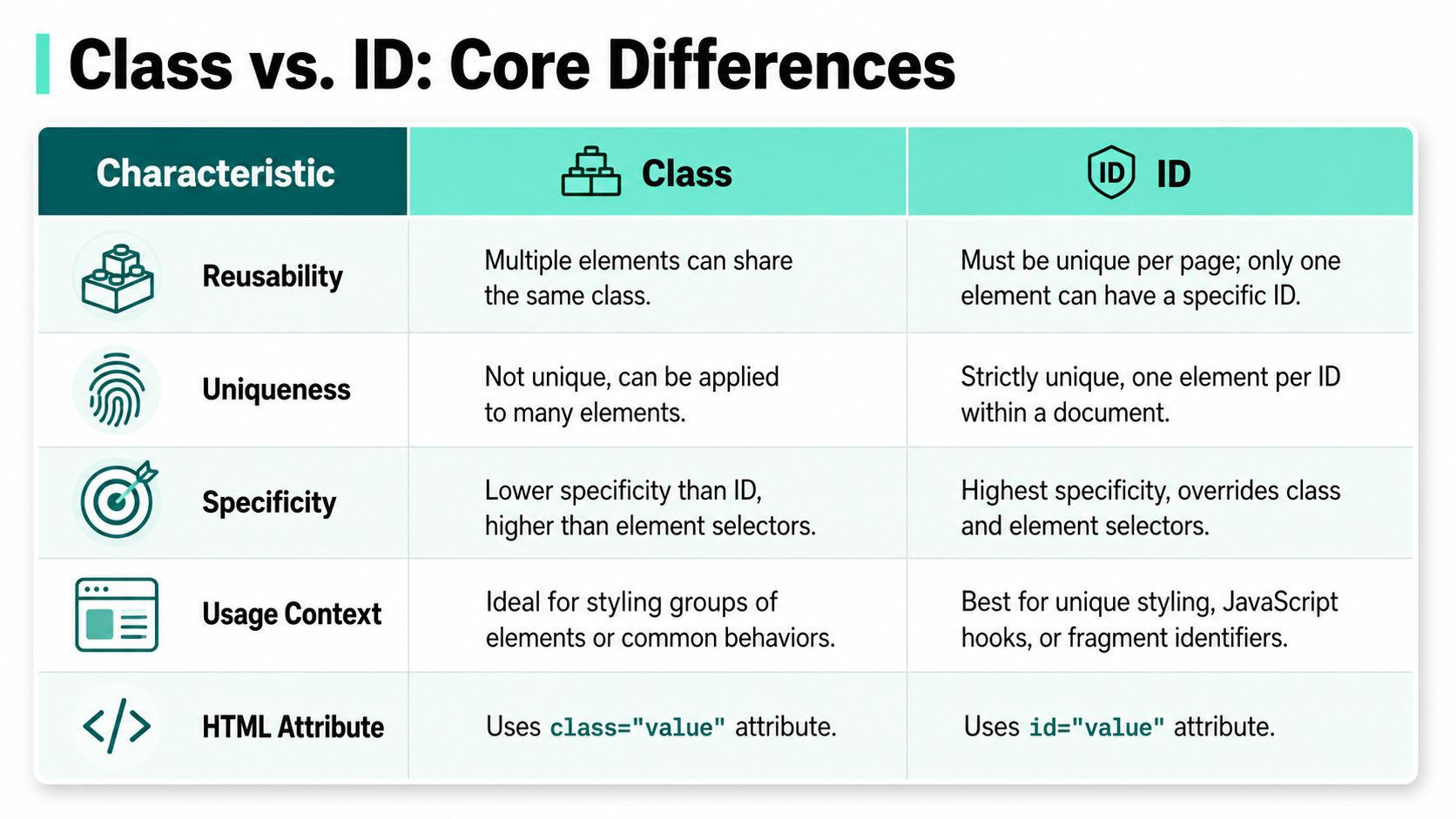 A comparison table explaining the core differences between HTML classes and IDs in web development.