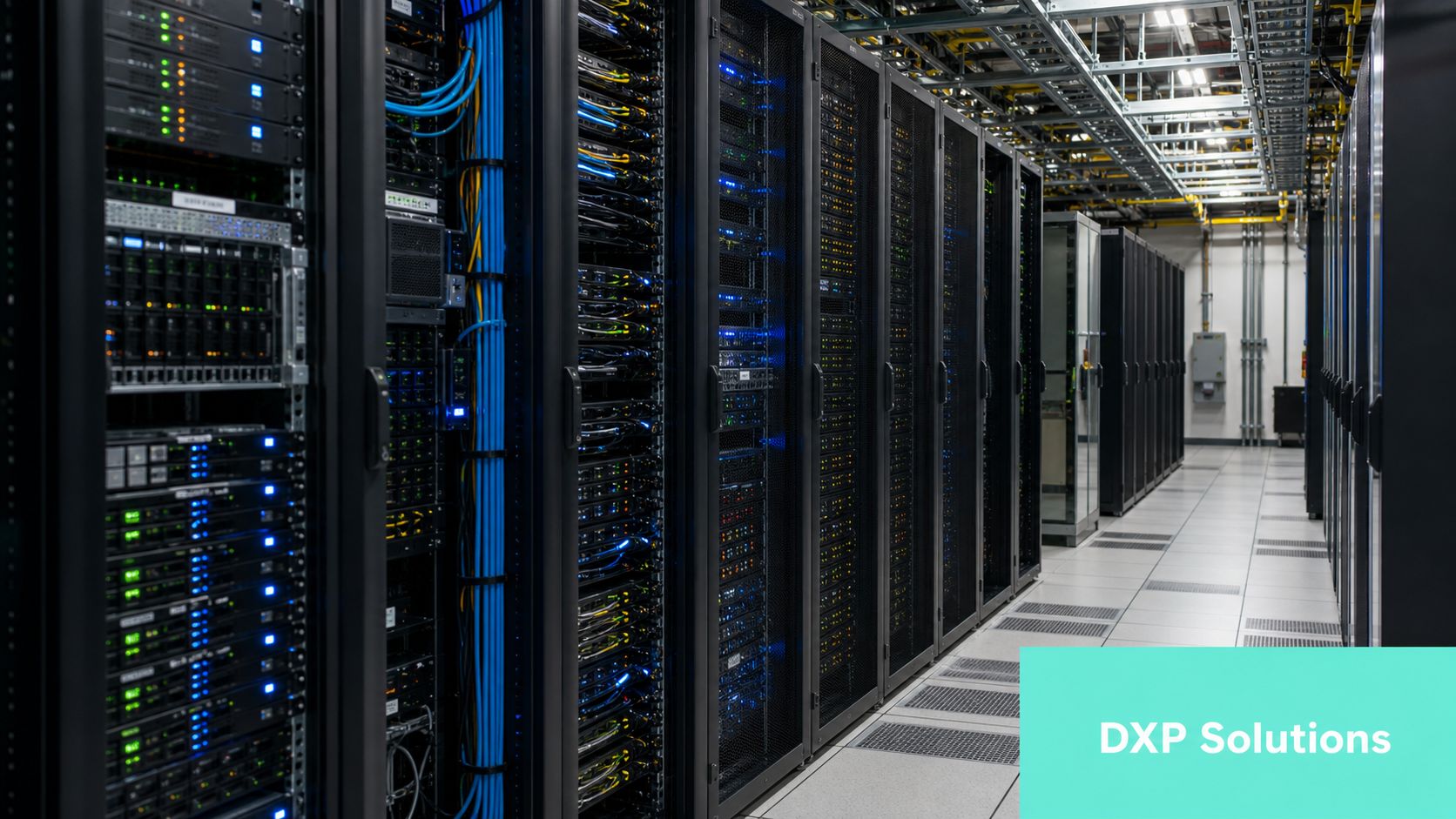 A brightly lit server room with rows of black server racks filled with blinking hardware components.