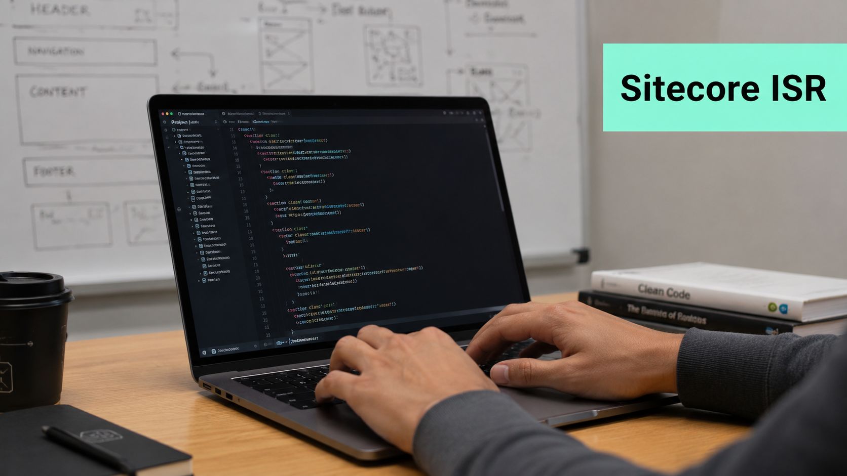 A developer typing code on a laptop while working on Sitecore Incremental Static Regeneration concepts.