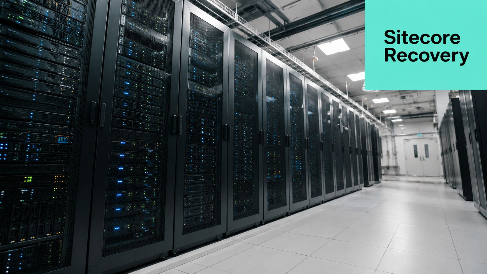 A modern data center server room with rows of racks containing high-performance hardware and glowing status lights.