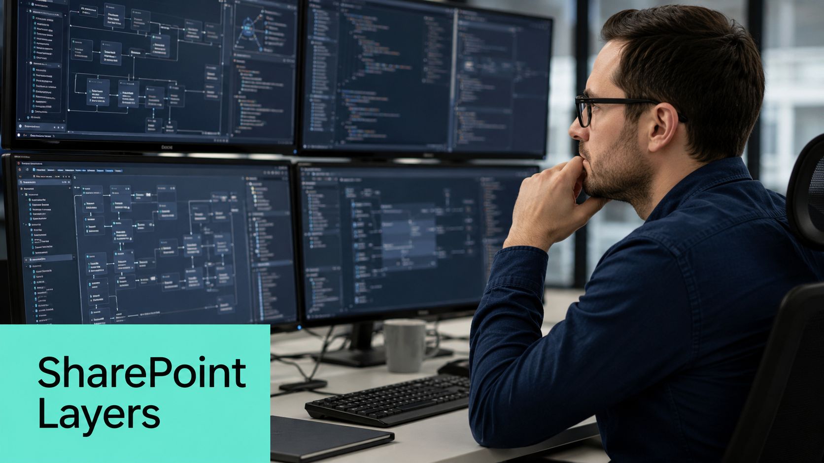 A focused developer analyzing complex data flow charts and software architecture on multiple computer monitors in office.