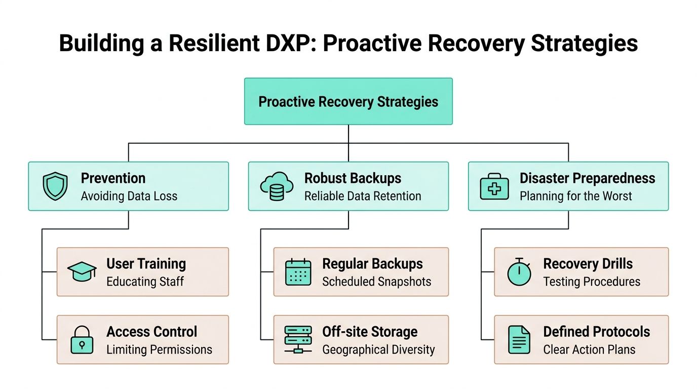A diagram outlining proactive recovery strategies for a resilient DXP, focusing on prevention, backups, and disaster preparedness.