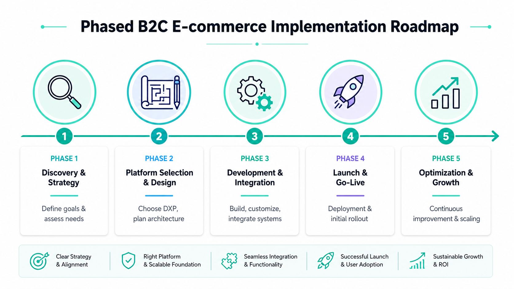 A five-phase infographic showing the roadmap for B2C e-commerce implementation from strategy to optimization.