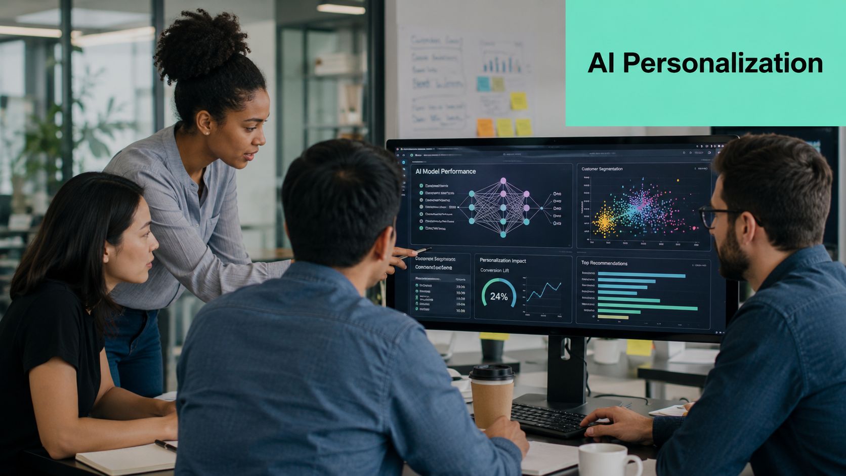 A diverse team of professionals analyzing AI personalization data on a large computer monitor in an office.