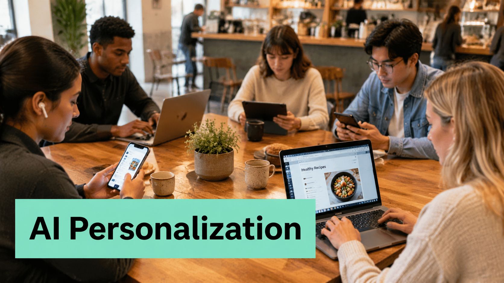 A diverse group of professionals collaborating while using digital devices at a wooden coffee shop table.